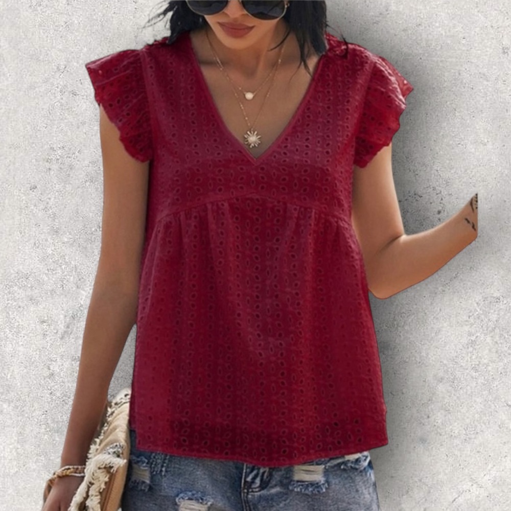 New! Gaovot Red Eyelet Flutter-Sleeve Top size 14